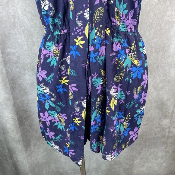 ModCloth Proactive Panache Lemur Romper Women Sz L Neck Tie Blue Tropical Floral - Picture 3 of 6
